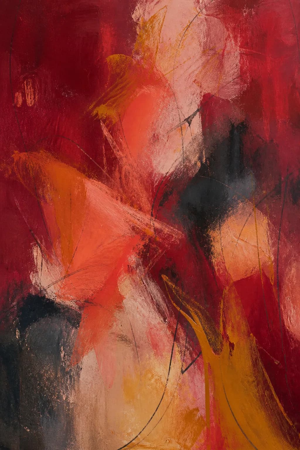 Expressive garnet and coral abstract painting with charcoal gestures.